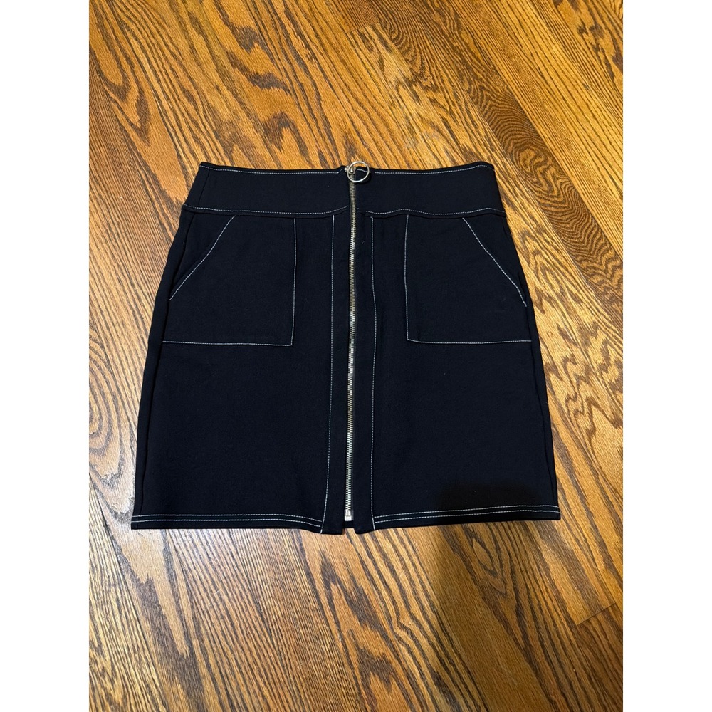 INC International Concepts Black Contrast Stitch Front Zip Mini Skirt Small